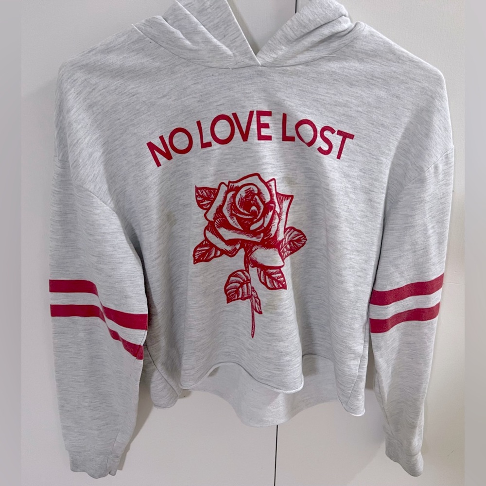 Jay Jays gray crop graphic top with hoodie ‘No Love Lost’ women’s size S.